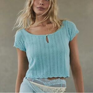 Free people hera pointelle cashmere short sleeve sweater in bambino blue